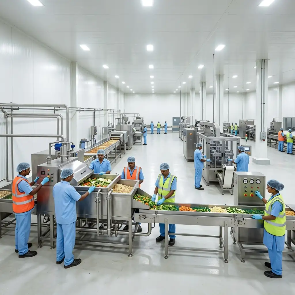 Interior photograph of a food-processing factory hall with white insulated PUF panels